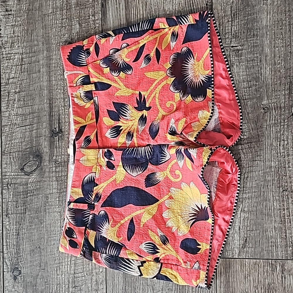 J. Crew Coral Floral Print Women's Shorts with Navy & Yellow Accents